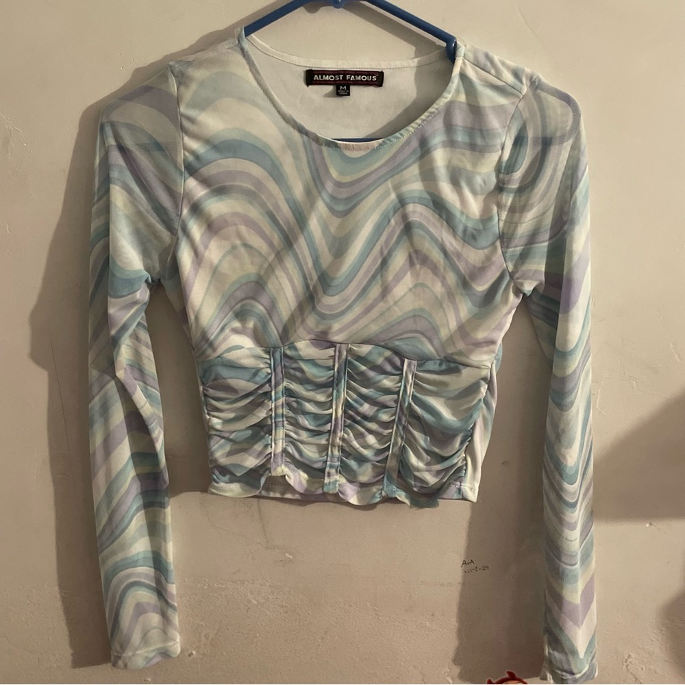 Almost Famous Women's Blue and White wavy sheer long sleeve girls shirt